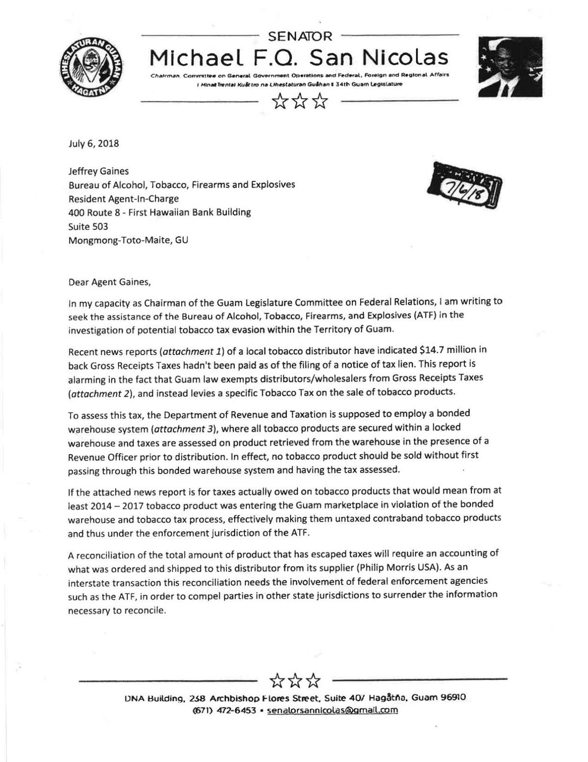 Sen Michael San Nicolas First Letter Sent To The Atf On July 6 Guam News Postguam Com