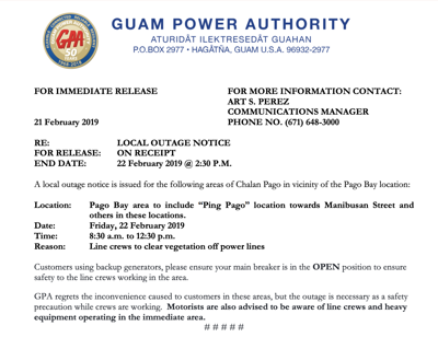 Power Outage Scheduled For Tomorrow For Pago Bay Area Guam News Postguam Com