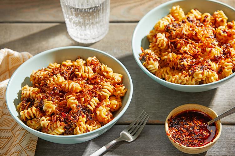 Escape the red-sauce rut with this punchy chili crisp-tahini pasta