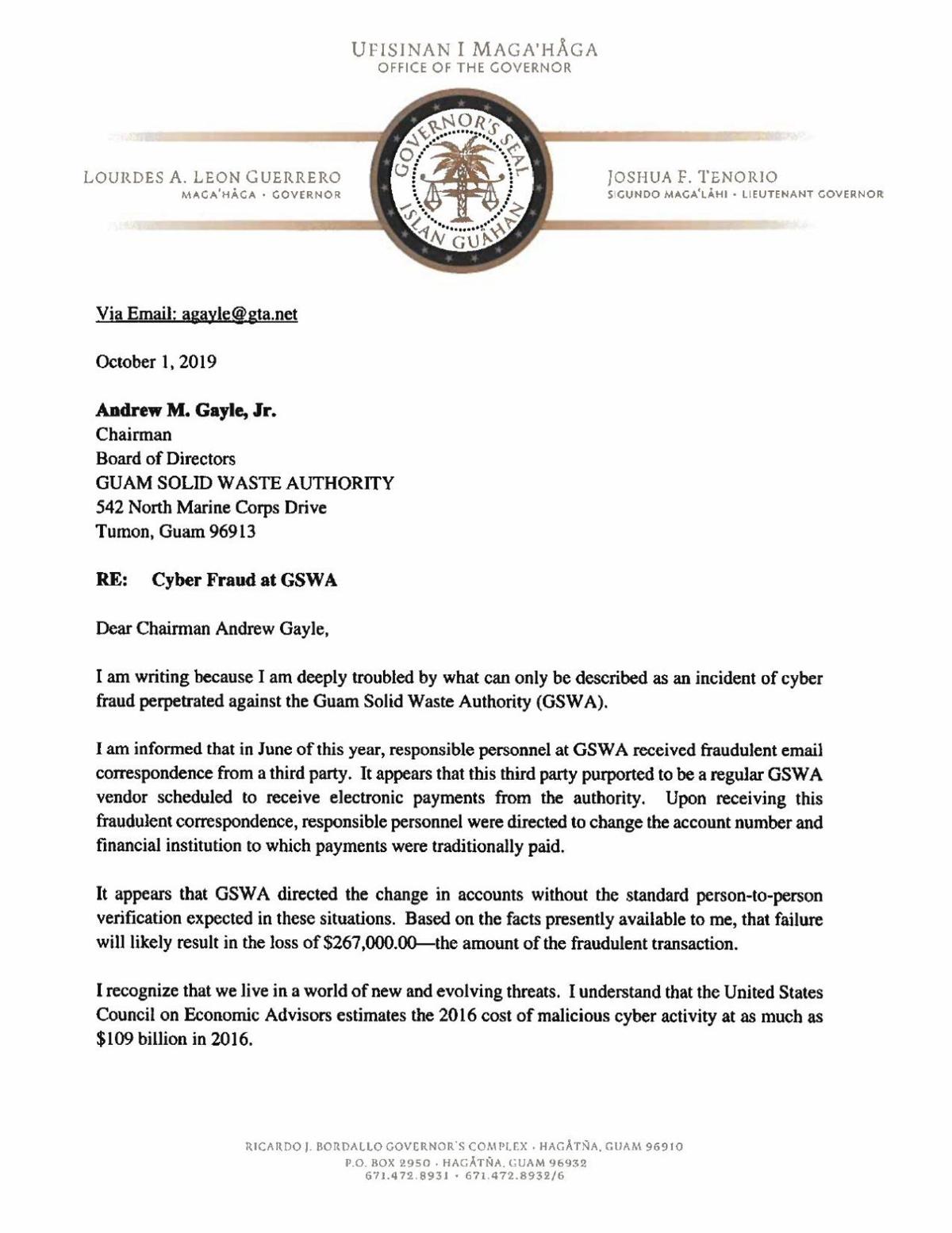 Governor letter to GSWA board chairman Andy Gayle   postguam.com
