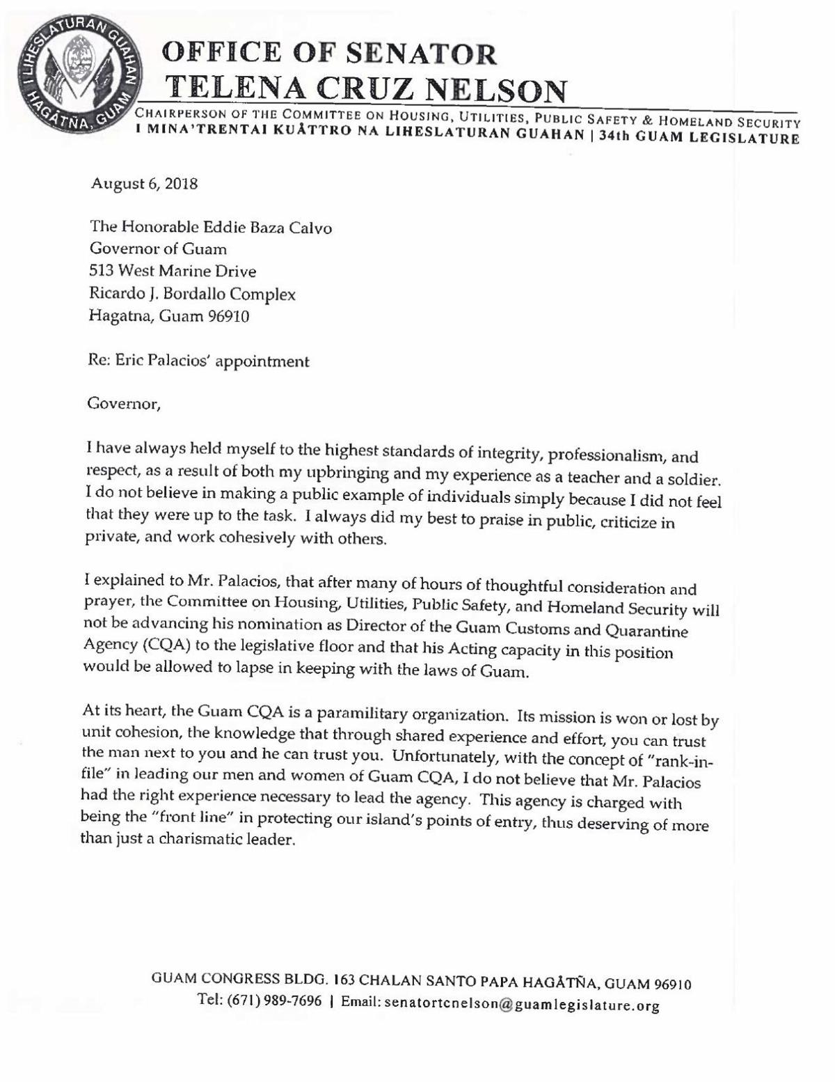 Aug 6 Letter From Nelson To Gov Ref Palacios Postguam Com