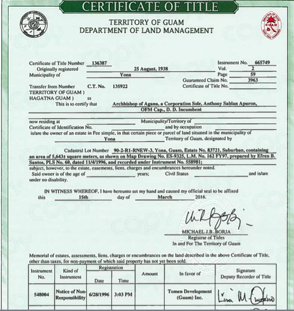 Seminary property certificates of title Guam News