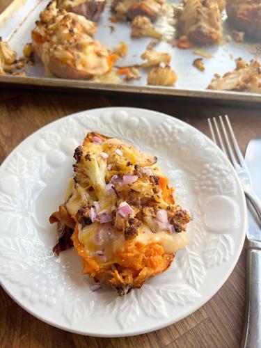 Cauliflower twice-baked sweet potatoes packed with good carbs, cheesy filling