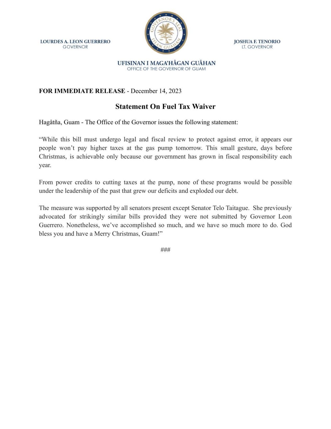 Statement On Fuel Tax Waiver.pdf Guam News