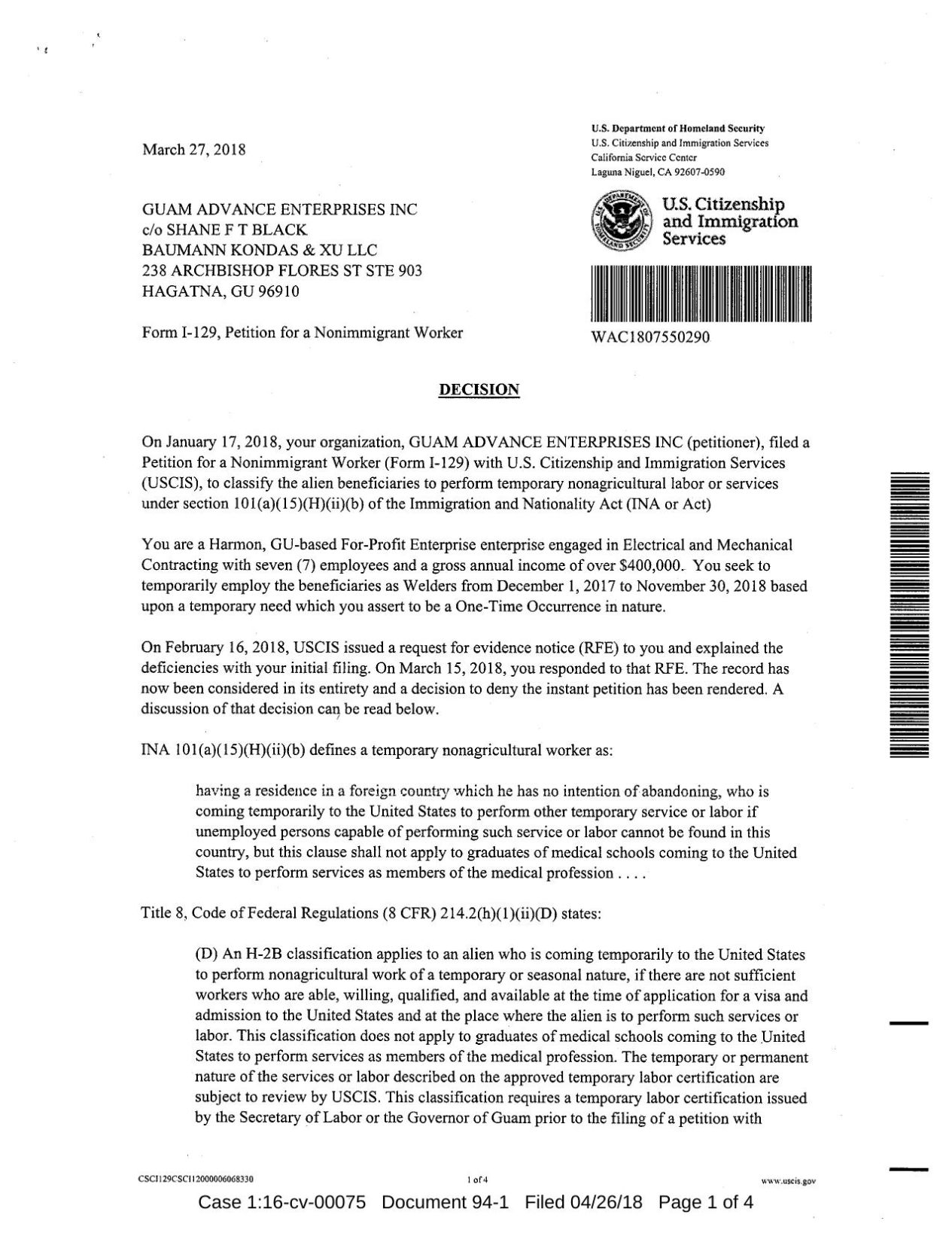 USCIS Rejection Of H-2B Petition From Guam Advance Enterprises ...