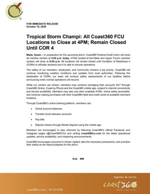 Coast360 FCU - All locations to close at 4PM, remain closed until COR 4