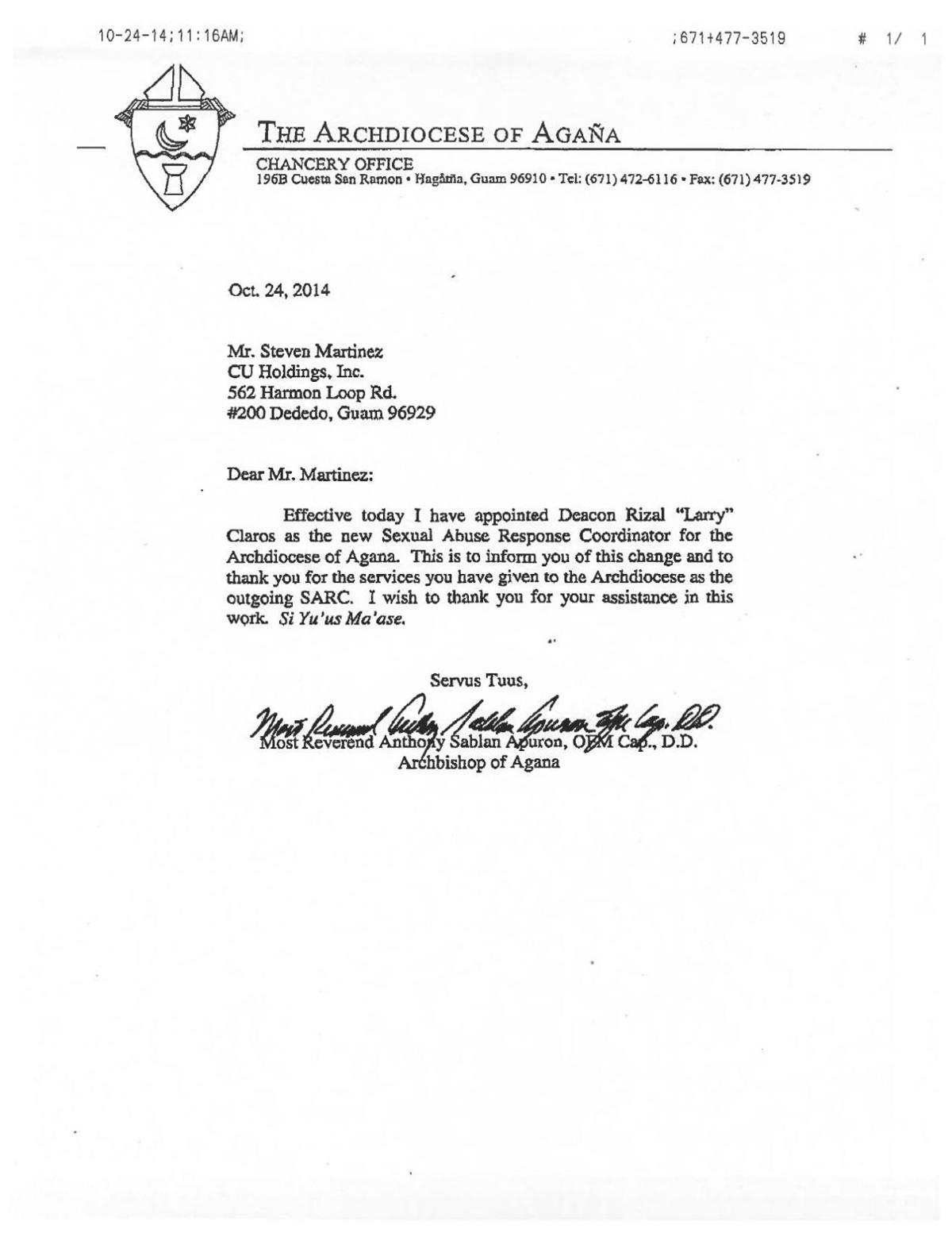 Letter to Deacon Martinez from Archbishop Anthony Apuron | Guam News