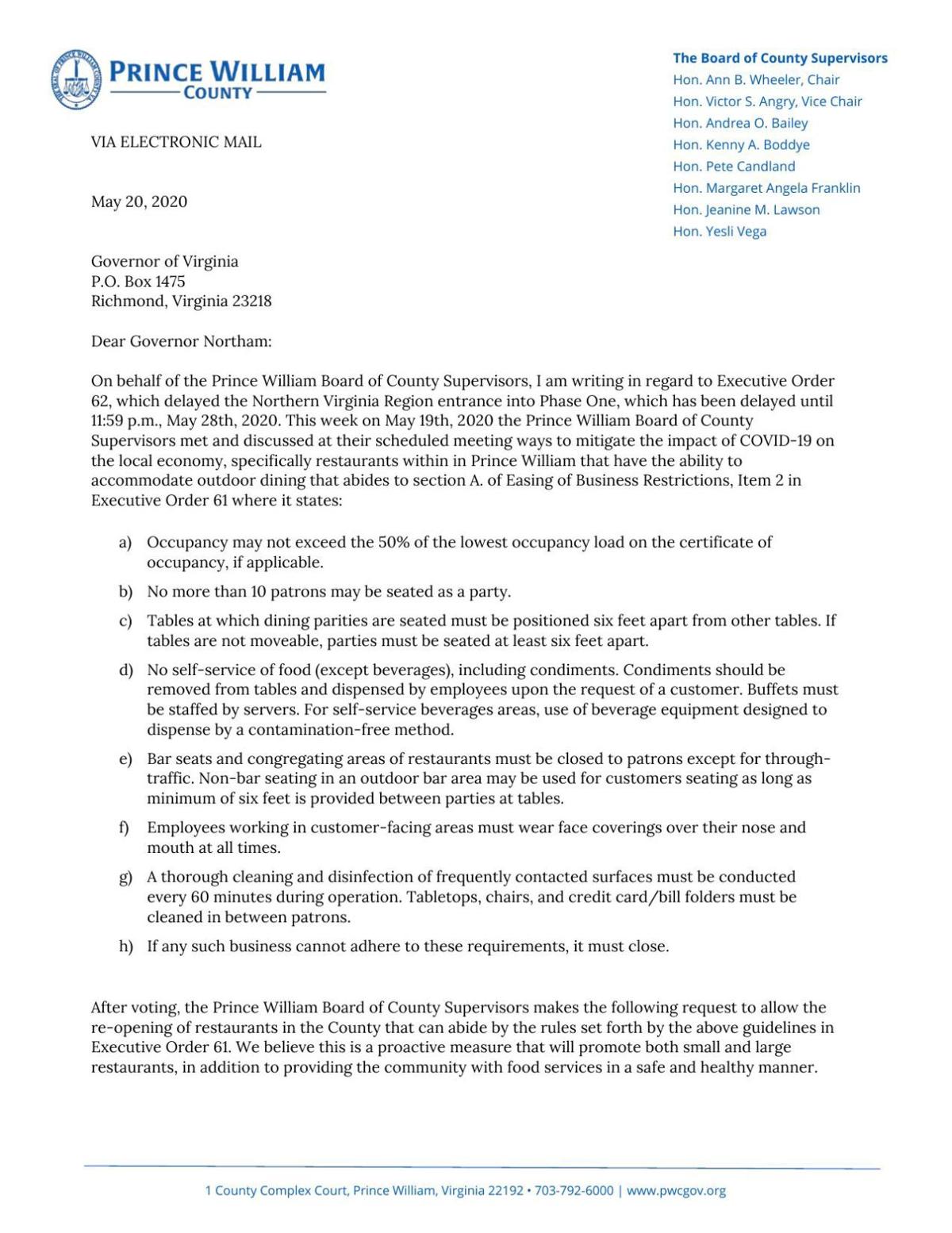 Prince William Supervisors Letter To Gov Ralph Northam Regarding Reopening Restaurants To Outdoor Dining Under Phase One Restrictions Princewilliamtimes Com If you would like to write to clarence house, please send a letter to: prince william supervisors letter to