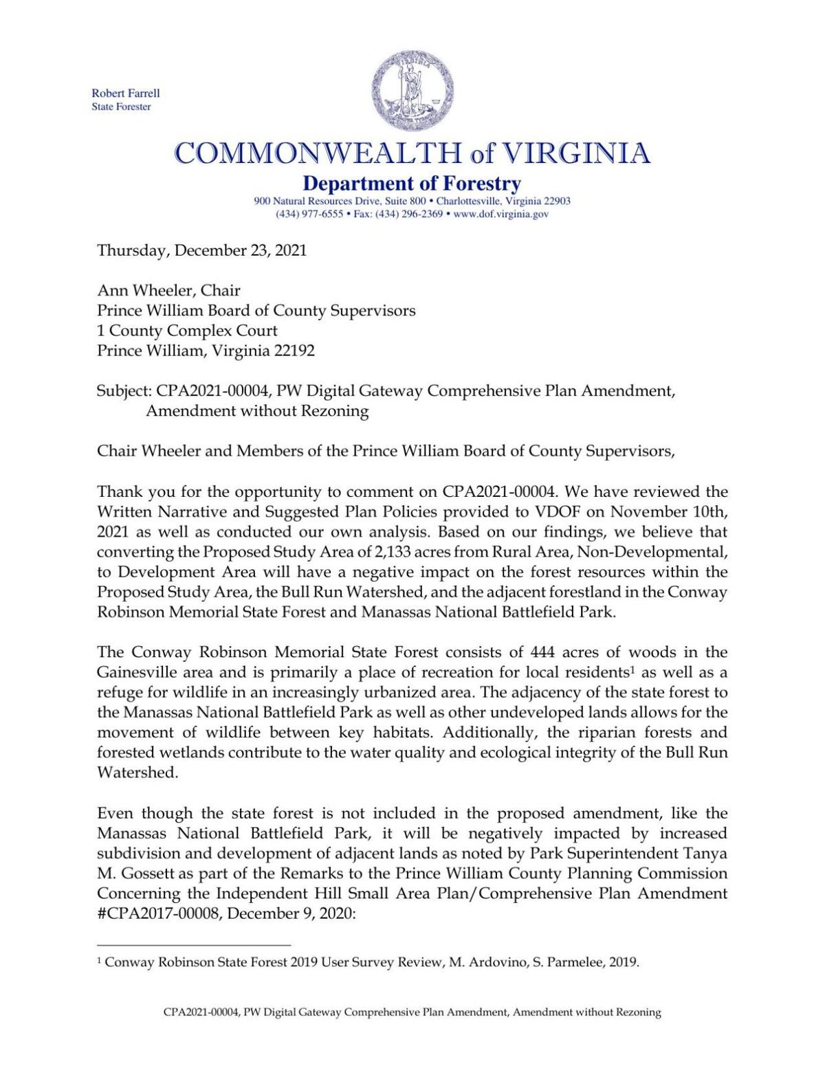 Letter from Virginia Department of Forestry about data center proposal