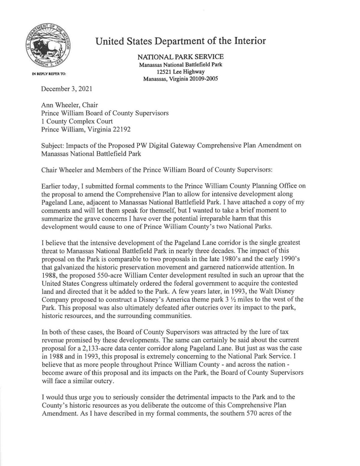 Battlefield Superintendent Brandon Bies' letter to the Prince William Board of County Supervisors