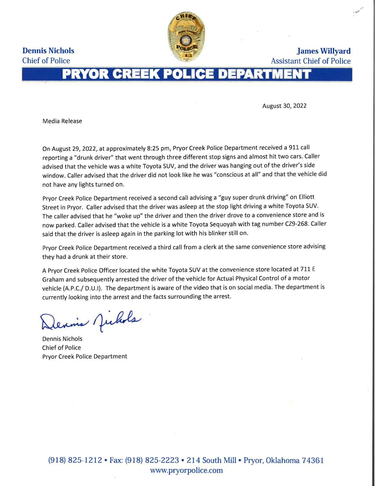 UPDATE Chief Nichols Issues Statement about Monday Night Arrest and
