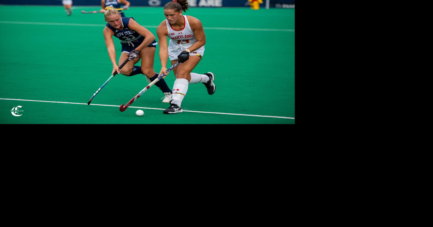 Penn State field hockey vs. Maryland action photo from the Big Ten opener, showing Penn State midfielder Madison Britton and Maryland forward Jordyn Hollaman.