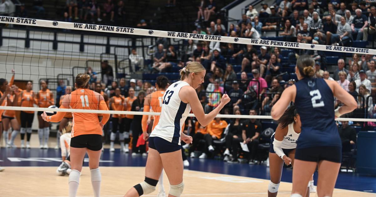 Outside hitter Emmi Sellman pumps her fist in celebration during the Penn State women’s volleyball match against Tennessee on Sunday, Sept. 20, 2026 at Rec Hall in University Park, Pa.