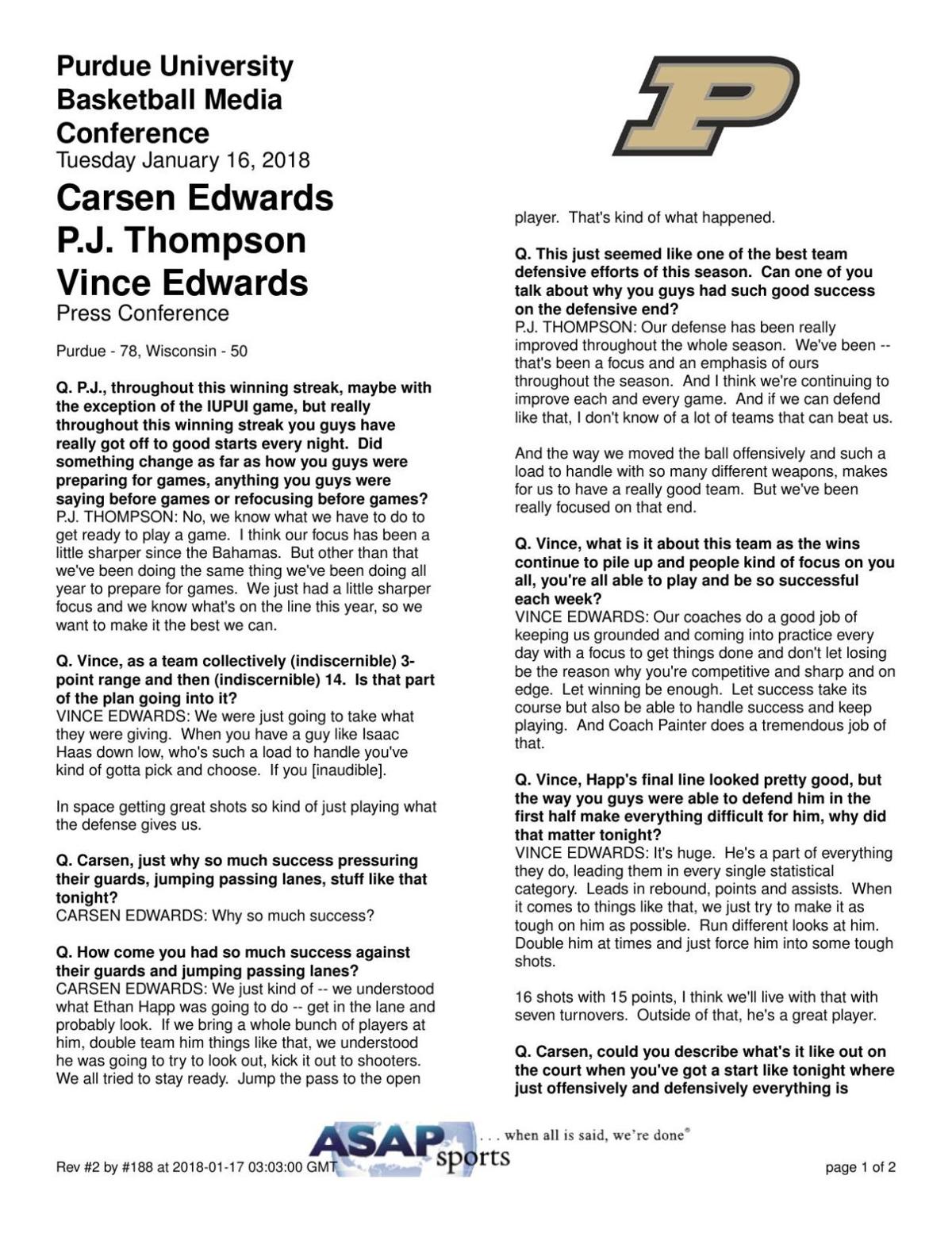 1 16 18 Wisconsin Purdue Player Postgame Quotes Basketball Purdueexponent Org