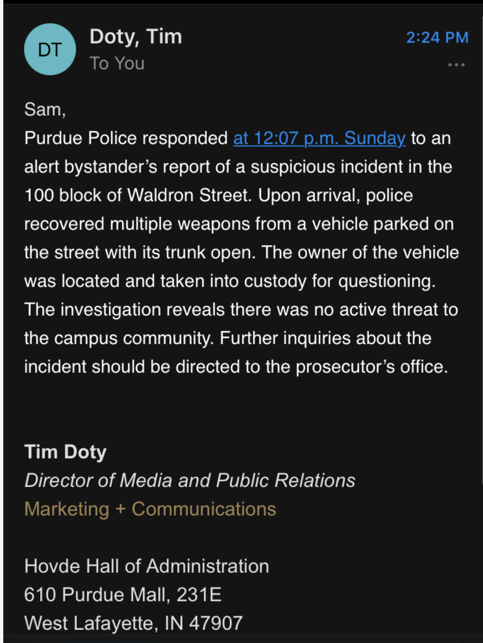 Purdue confirms multiple weapons found in car on campus Campus