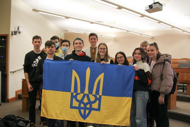 2/24/22 Ukrainian Student Association meeting: Students with flag