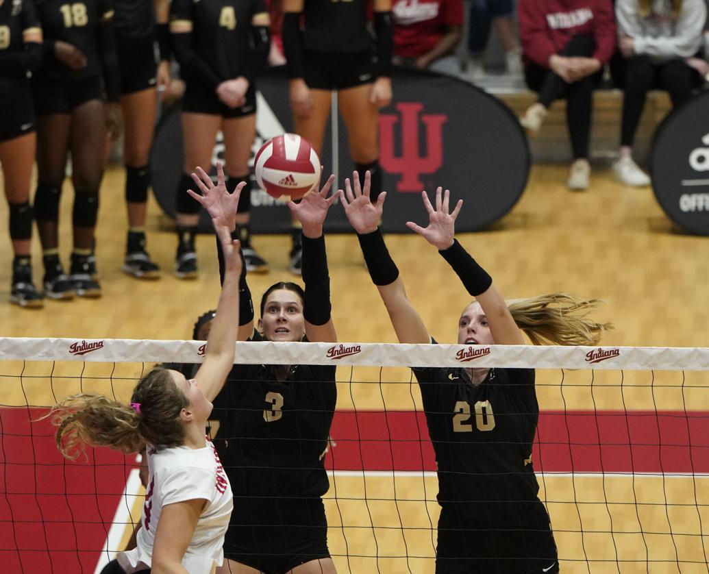 10/14/22 Indiana, Megan Renner, Hannah Clayton block Volleyball