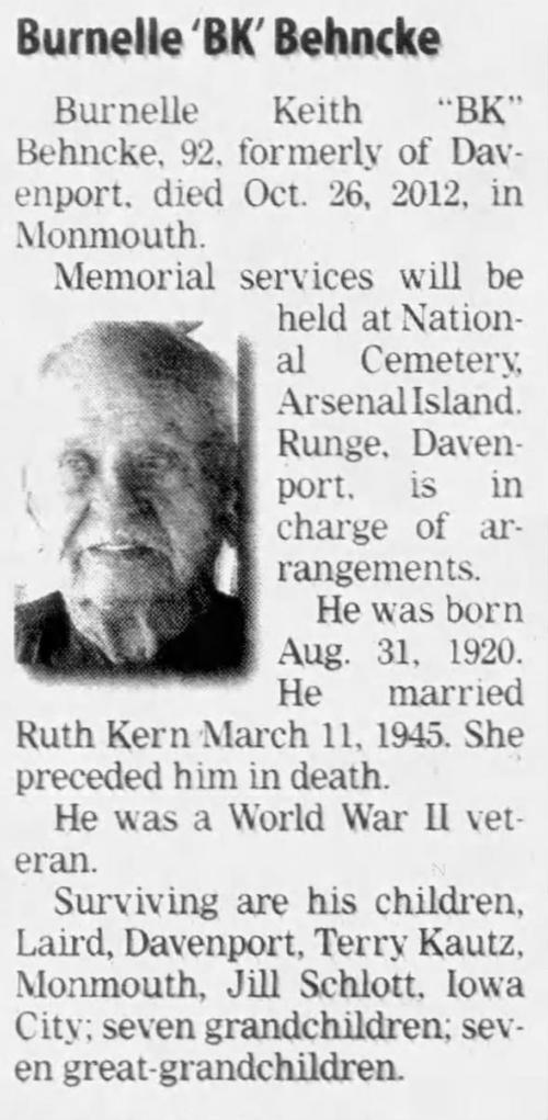 Obituary for Behncke Burnelle Keith Behncke, 1920-2012 (Aged 92)