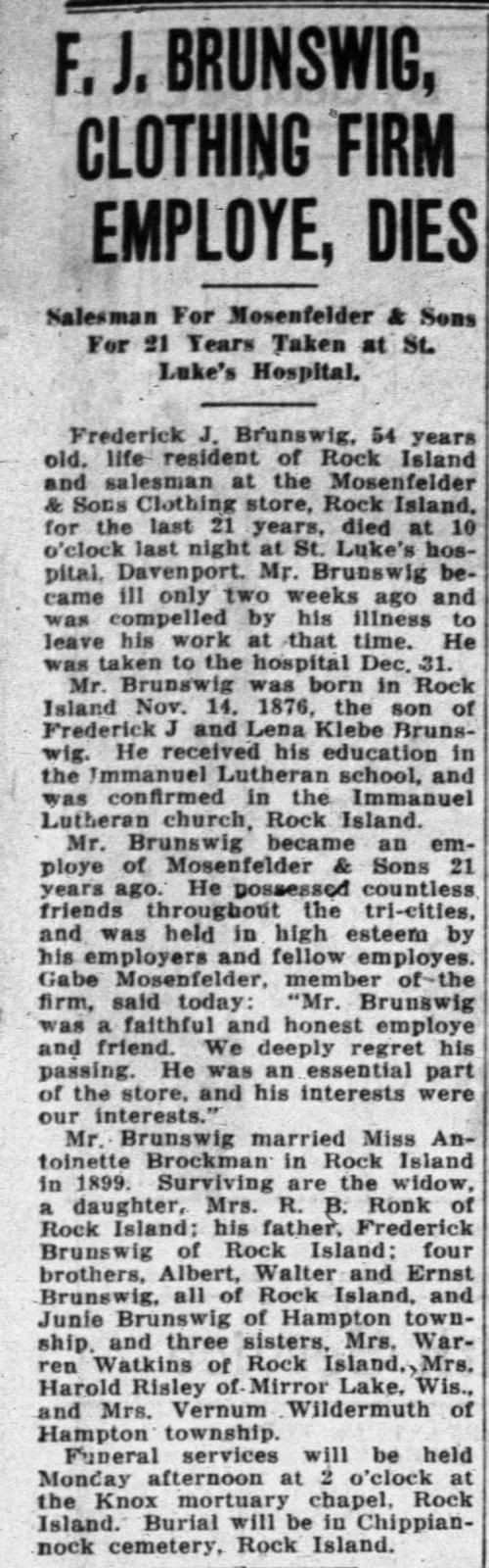 Fred Brunswig Obiturary, The Rock Island Argus, Rock Island, Illinois, 03 Jan 1931, p.5