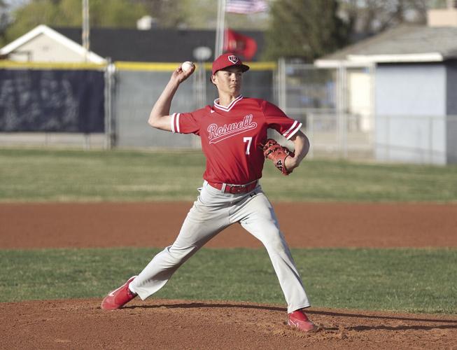 Roswell's Luke Bogle pitching against the Burges Mustangs