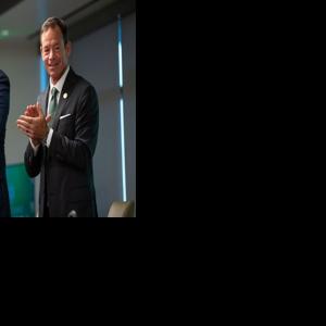 Colorado State's new head football coach Jim Mora stands next to John Weber after a press conference to introduce the new head football coach at Canvas Stadium on Dec. 1, 2025 in Fort Collins, Colo.