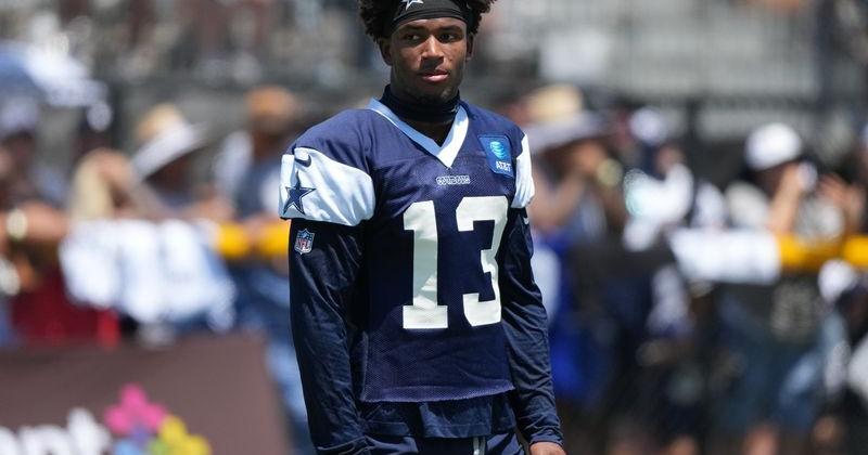 Aug 1, 2026; Oxnard, CA, USA; Dallas Cowboys defensive back Caleb Downs (13) at training camp at River Ridge Playing Fields. Mandatory Credit: Kirby Lee-Imagn Images