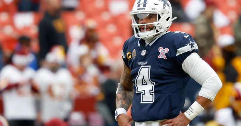 Dec 25, 2025; Landover, Maryland, USA; Dallas Cowboys quarterback Dak Prescott (4) looks on during warmups before the game against the Washington Commanders at Northwest Stadium. Mandatory Credit: Geoff Burke-Imagn Images