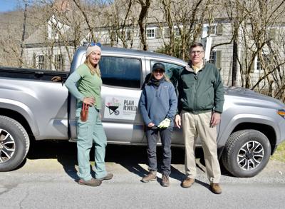 Christina Ophof and Missy Fabel of Plan it Wild, on their first day starting work on the native garden at Bylane Farm, with Bill Cavers, executive director of Bedford Audubon