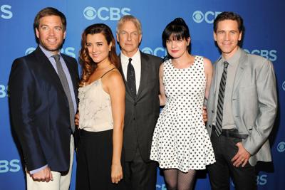 Michael Weatherly, left, Cote de Pable, Mark Harmon, Pauley Perrette and Brian Dietzen of "NCIS" attend CBS 2013 Upfront Presentation at The Tent at Lincoln Center in New York.