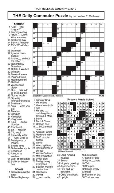 Crosswords, January 5, 2019 | Crosswords | redandblack.com