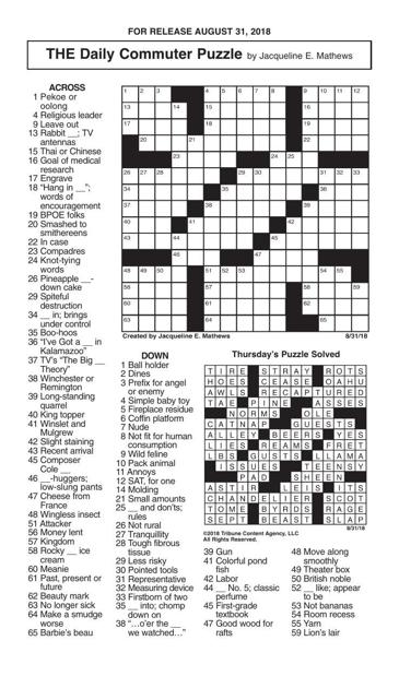 Crosswords, August 31, 2018 | Crosswords | redandblack.com