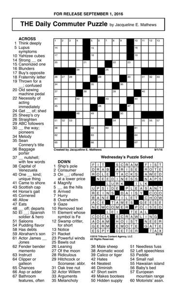 Crosswords September 1, 2016 | Crosswords | redandblack.com