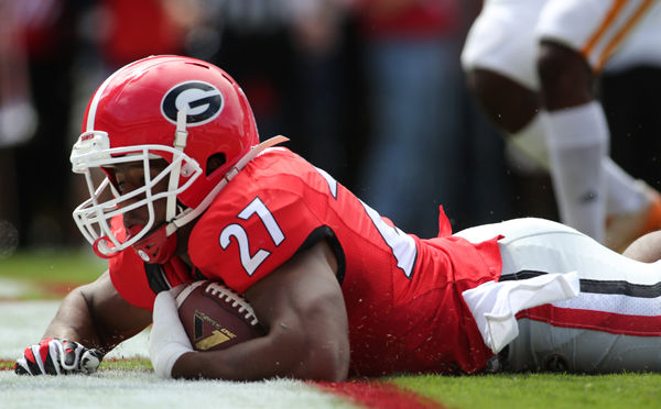 Georgia Bulldogs running back Nick Chubb (27) celebrates his