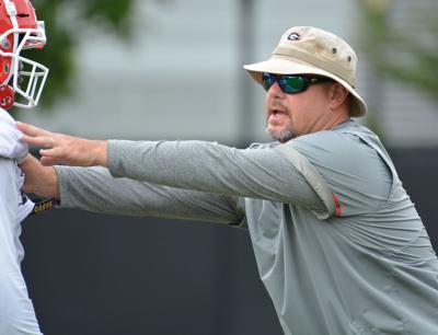sherrer kevin georgia redandblack athens bulldogs woodruff linebackers fields coach session practice ga outside tuesday during