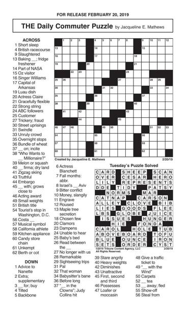 Crosswords, February 20, 2019 | Crosswords | redandblack.com