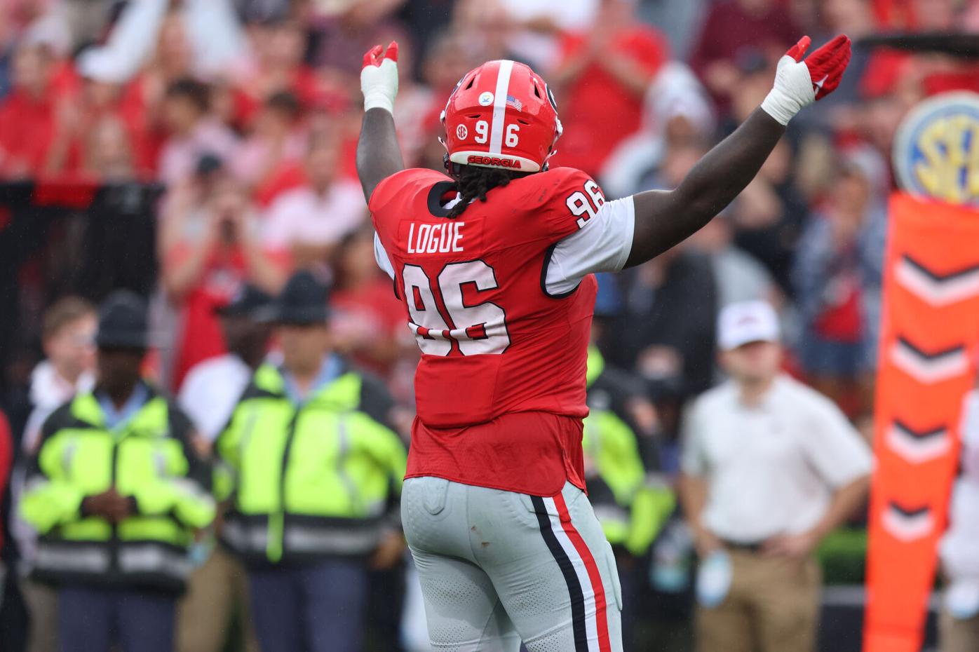 Georgia football defenders emphasizing the end zone