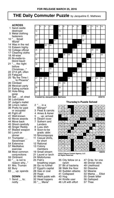 Crosswords March 25 2016 Crosswords Redandblack Com