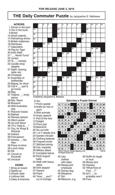 Crosswords, June 3, 2019 | Crosswords | redandblack.com