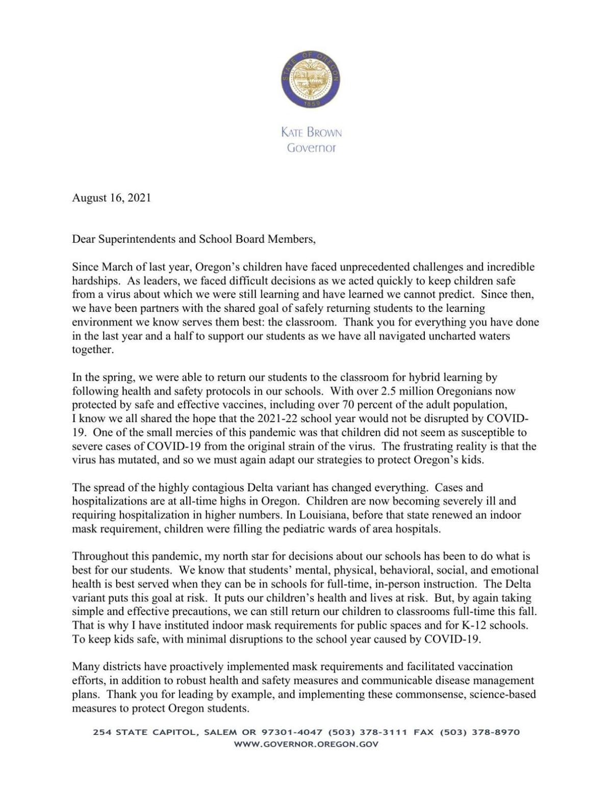 Brown's letter to Oregon school board members | | redmondspokesman.com