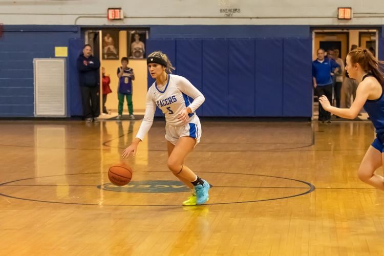 Addy Nardolillo (5) brings the ball up for the Hinsdale Pacers Girls Basketball Team against against Epping Blue Devils Friday night in Hinsdale-6145.jpg