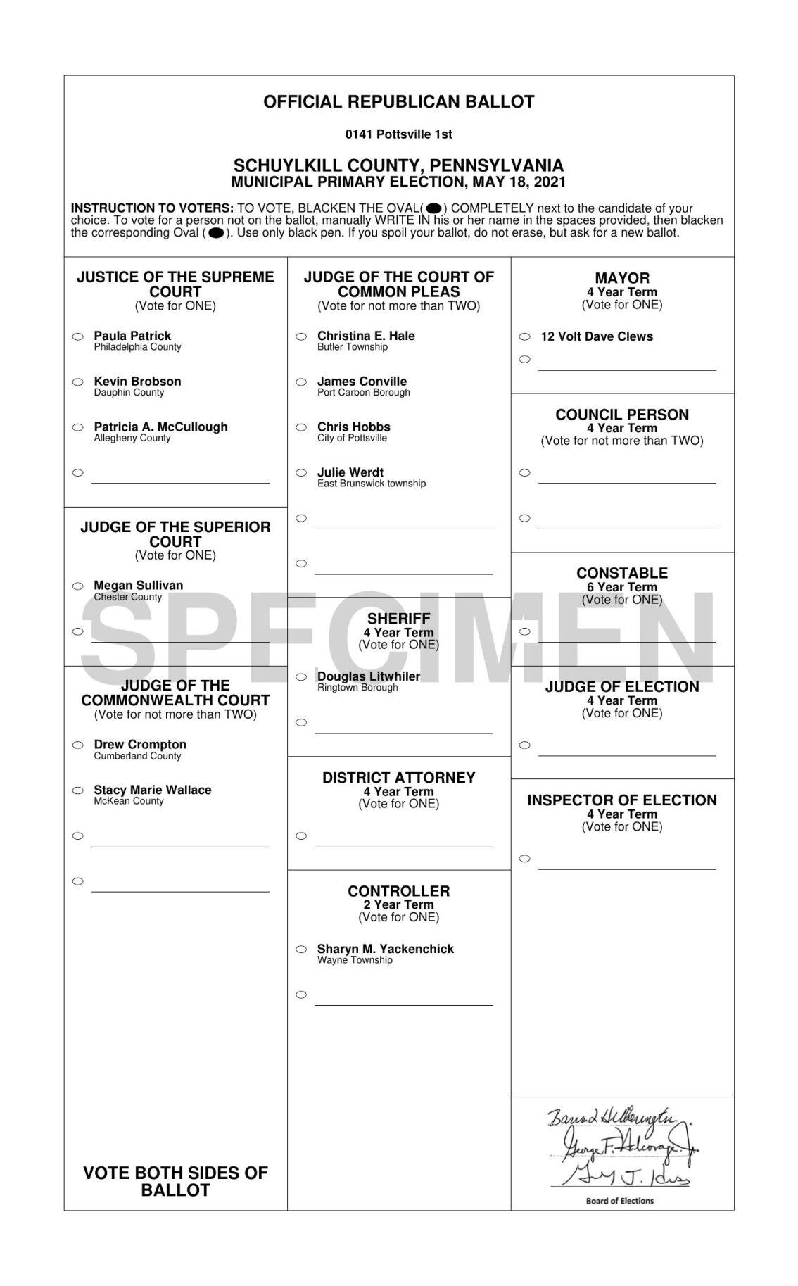 Schuylkill County Sample Ballot