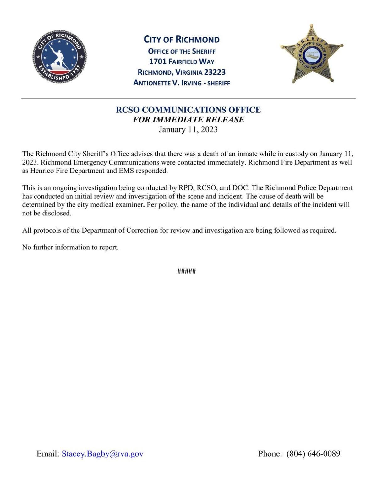 Richmond jail has 4th inmate death in 10 months