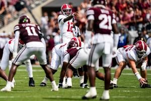Alabama quarterback Keelon Russell (12) gestures before a snap during a college football game between Mississippi State and