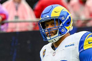 Dec 10, 2023; Baltimore, Maryland, USA; Los Angeles Rams defensive tackle Aaron Donald (99) before the game against the Baltimore Ravens at M&T Bank Stadium.
