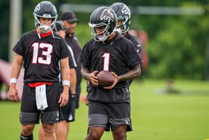 Jun 16, 2026; Atlanta, GA, USA; Atlanta Falcons quarterback Tua Tagovailoa (1) shown on the field during Minicamp. Mandatory Credit: Dale Zanine-Imagn Images
