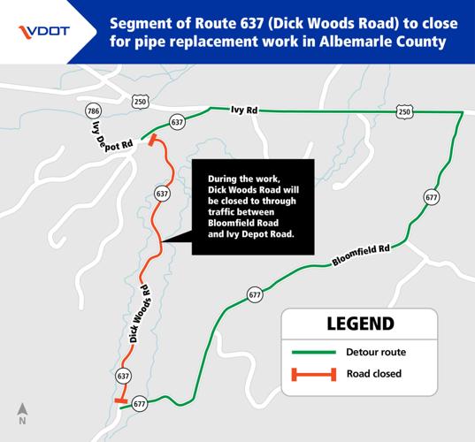 Dick Woods Road to close for pipe replacements in Albemarle County