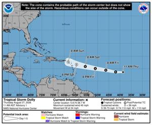 Tropical Storm Dolly formed on Aug. 27, 2026 roughly 1,500 miles east of the Windward Islands. It's forecast to pass near the Leeward Islands and approach the Virgin Islands, Puerto Rico and Hispaniola with heavy rain and potential flash flooding, wh