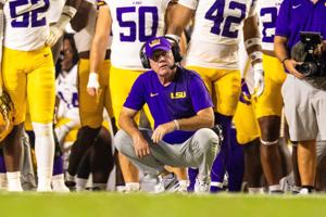 Sep 6, 2025; Baton Rouge, Louisiana, USA; LSU Tigers head coach Brian Kelly looks on against Louisiana Tech Bulldogs during the second half at Tiger Stadium. Mandatory Credit: Stephen Lew-Imagn Images