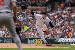 Tarik Skubal (29) delivers a pitch against the Baltimore Orioles at Comerica Park in Detroit on Wednesday, July 29, 2026.