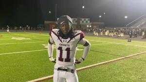 Thomas Dale junior WR/DB Mykell Bryant after catching two TDs in Knights' 41-7 win at Glen Allen